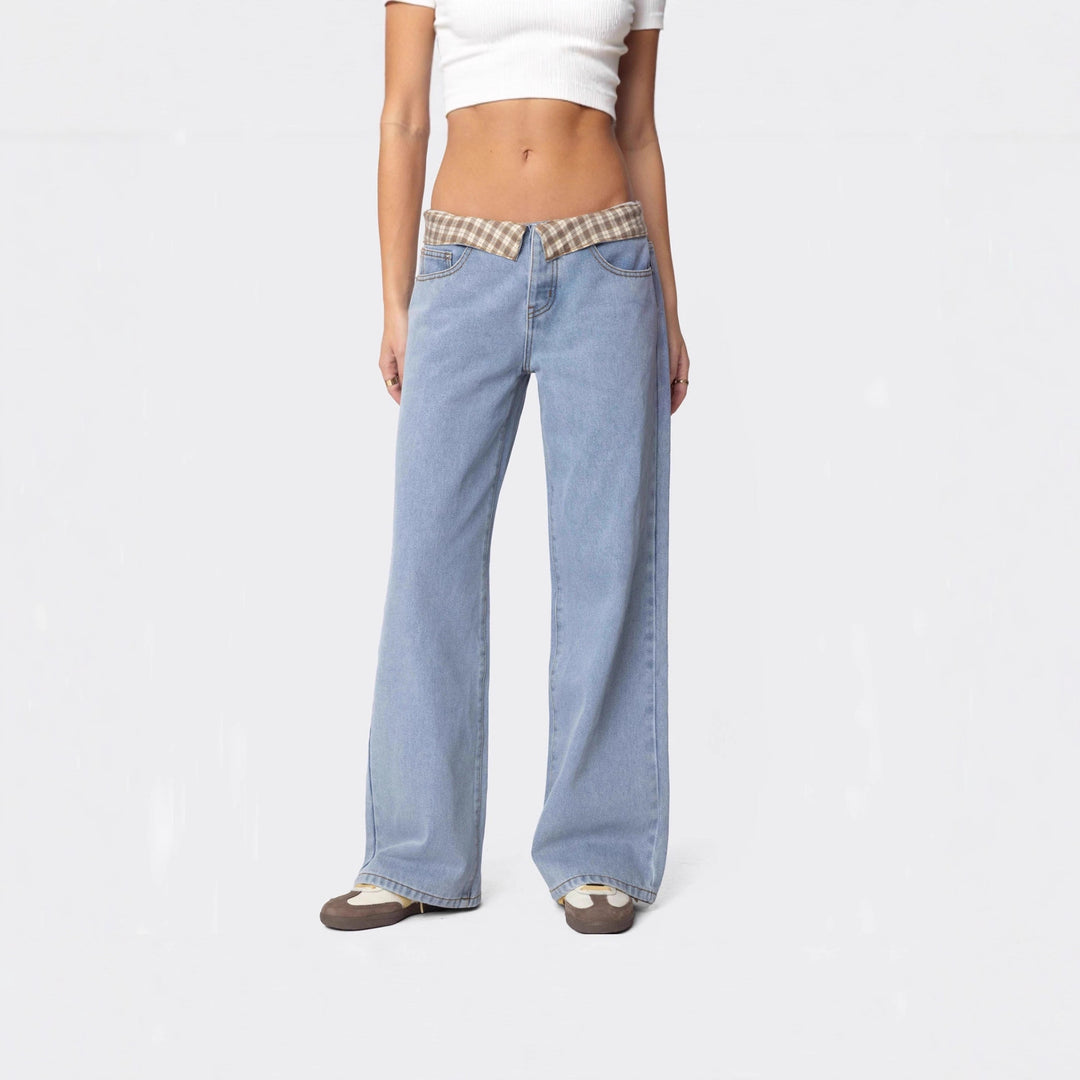 Damen Weite Jeans mit kariertem Bund Drune