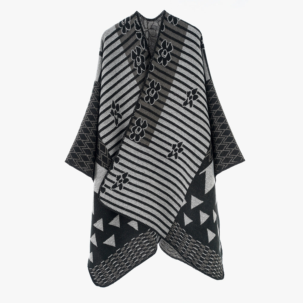 Damen Eleganter Poncho mit grafischem Muster und weichen Fransen Drune