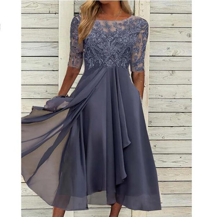 Damen elegantes Cocktailkleid mit floralem Spitzenoberteil und fließendem Rock Drune