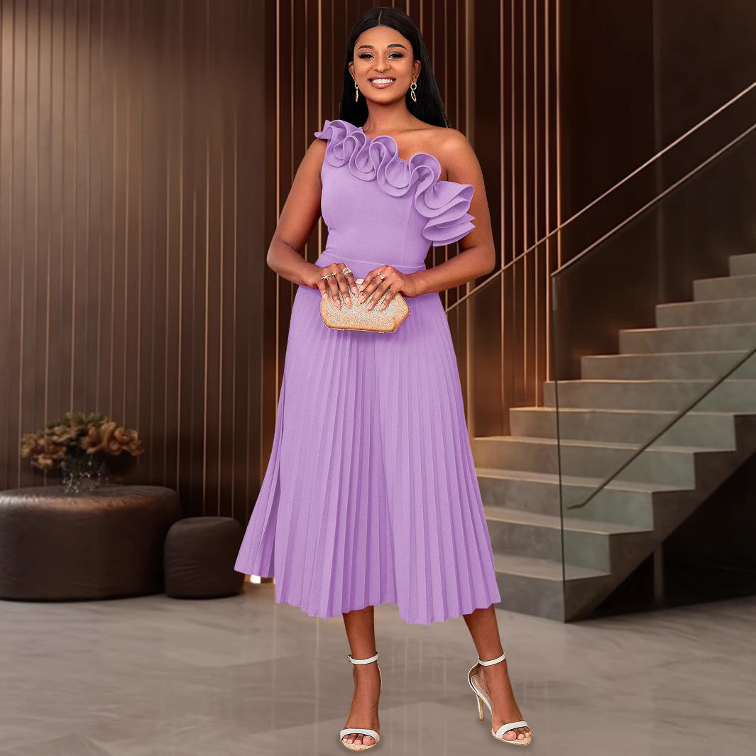 Damen Elegantes Midi-Kleid mit asymmetrischem Rüschen-Ausschnitt Drune