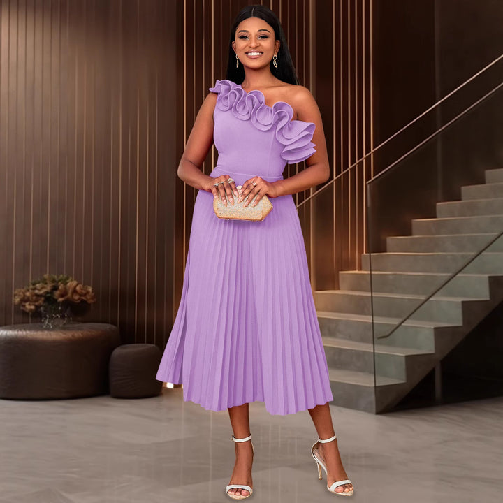 Damen Elegantes Midi-Kleid mit asymmetrischem Rüschen-Ausschnitt Drune