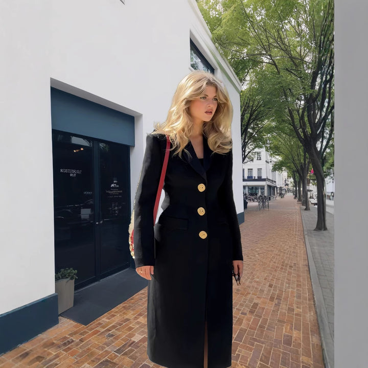 Damen Eleganter Langmantel mit goldenen Knöpfen und klassischem Schnitt Drune
