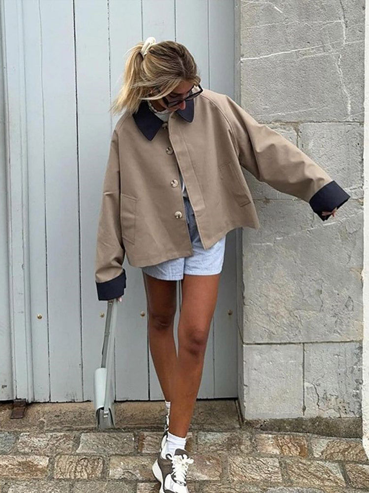 Damen lässige Oversized-Jacke mit kontrastierendem Kragen Drune
