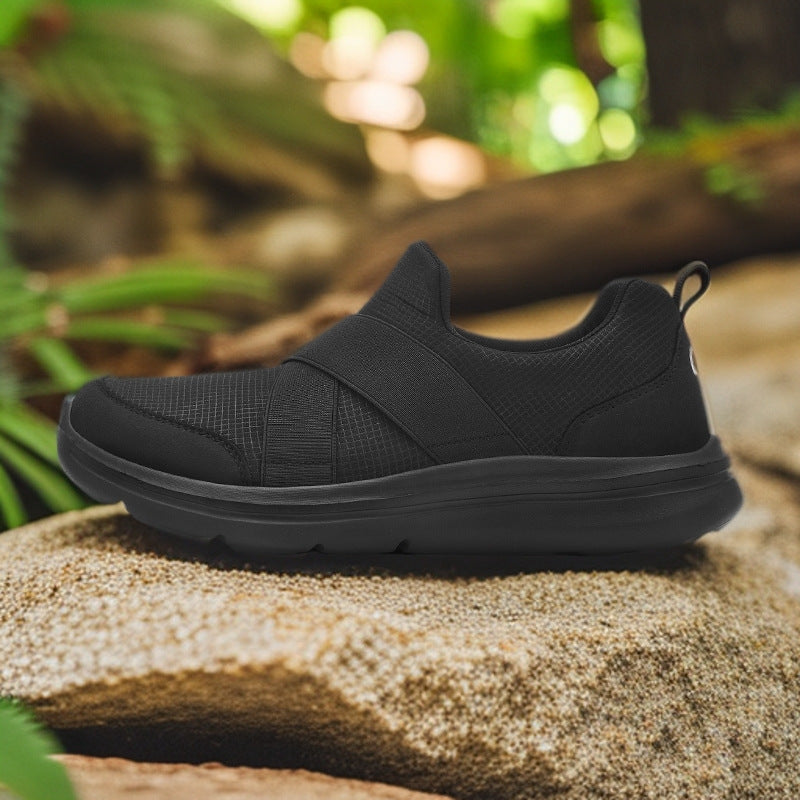 Damen nan elastischer Slip-On Komfort-Sneaker mit atmungsaktivem Strickoberteil, gekreuzten Stretchriemen und dämpfender EVA-Sohle Drune