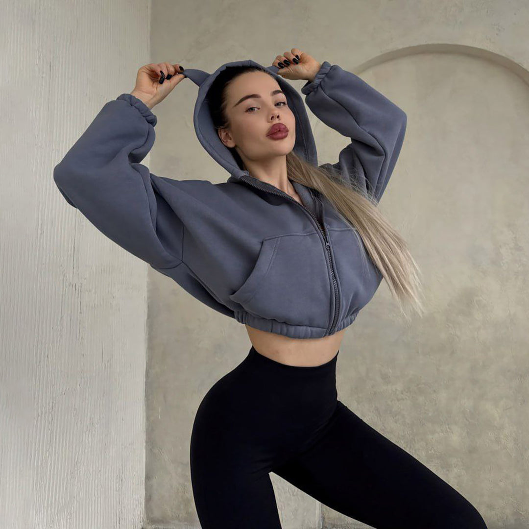 Damen cropped Kapuzenjacke mit einzigartigem Ohren-Design Drune