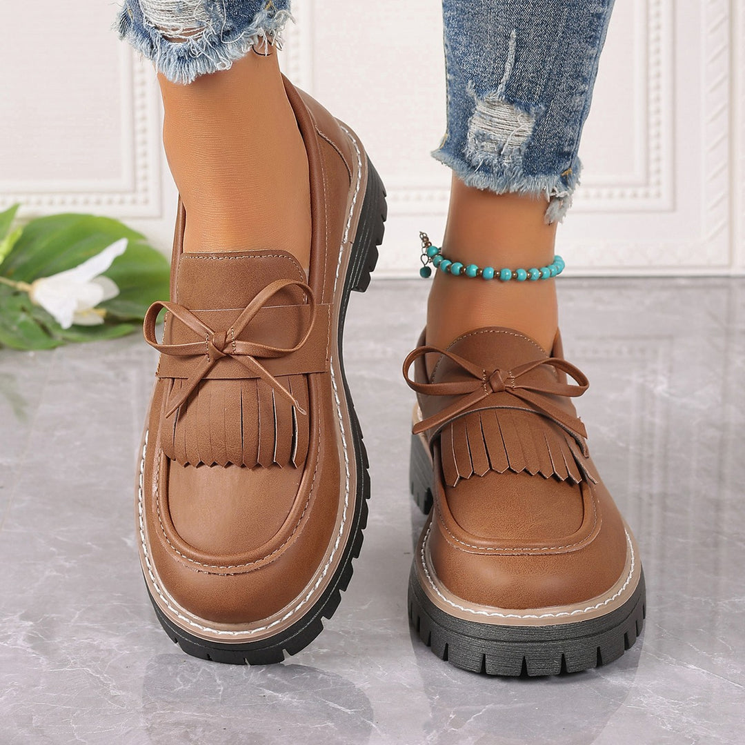 Damen modische Fransen-Loafer mit dekorativer Schleife und grober Profilsohle Drune
