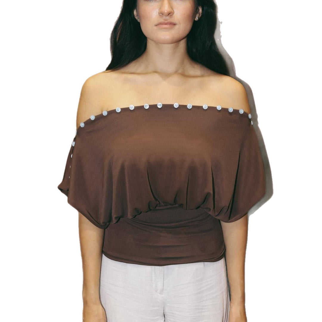 Damen Off-Shoulder Oberteil mit eleganter Knopfverzierung Drune
