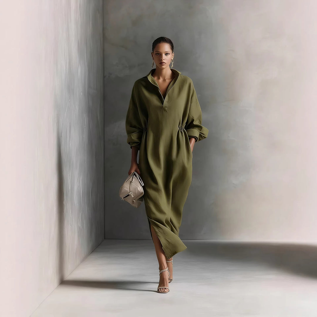 Damen stilvolles Midikleid mit Bindegürtel und klassischem Kragen Drune