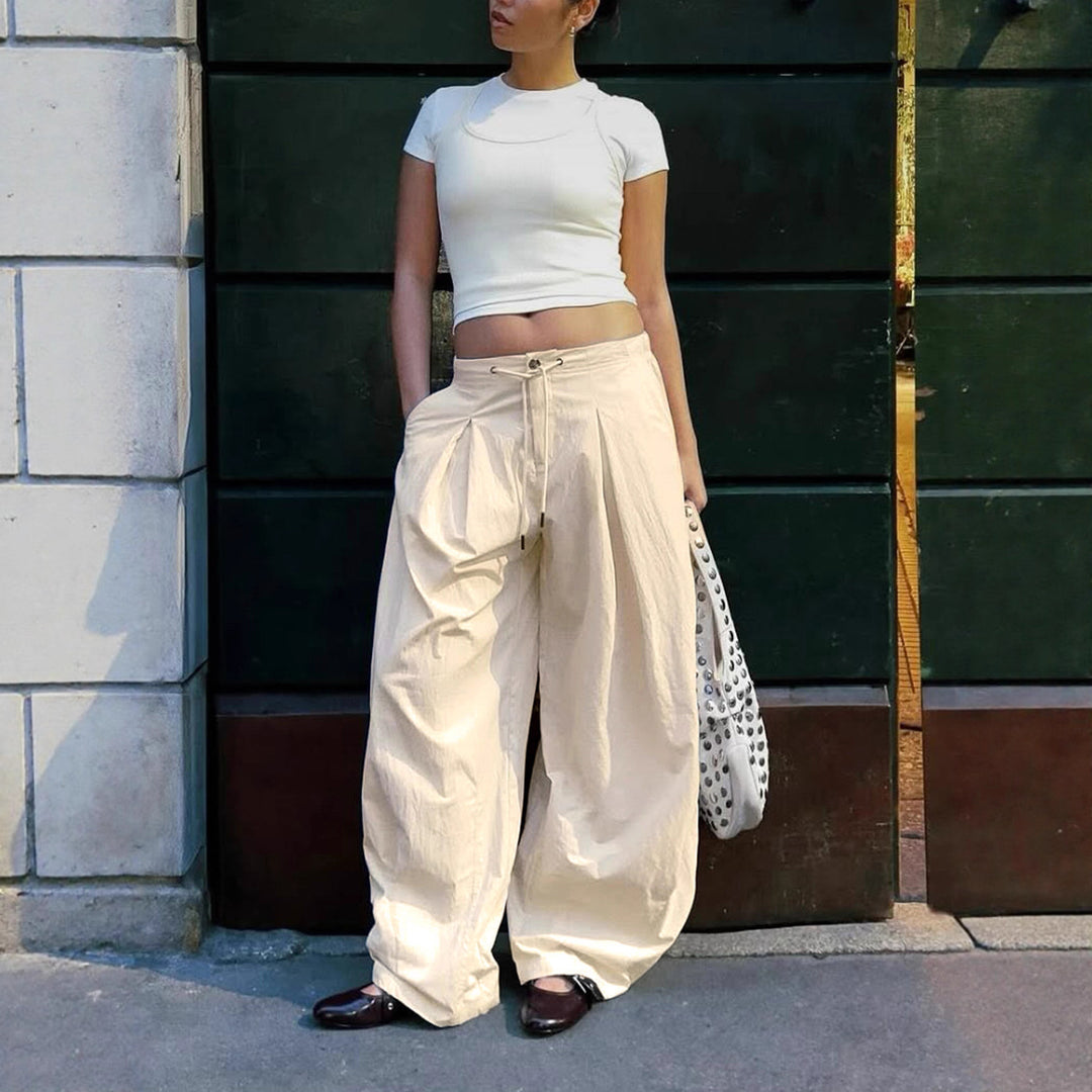 Damen weite stylistische Hose mit dekorativer Taillenbindung und Komfortschnitt Drune
