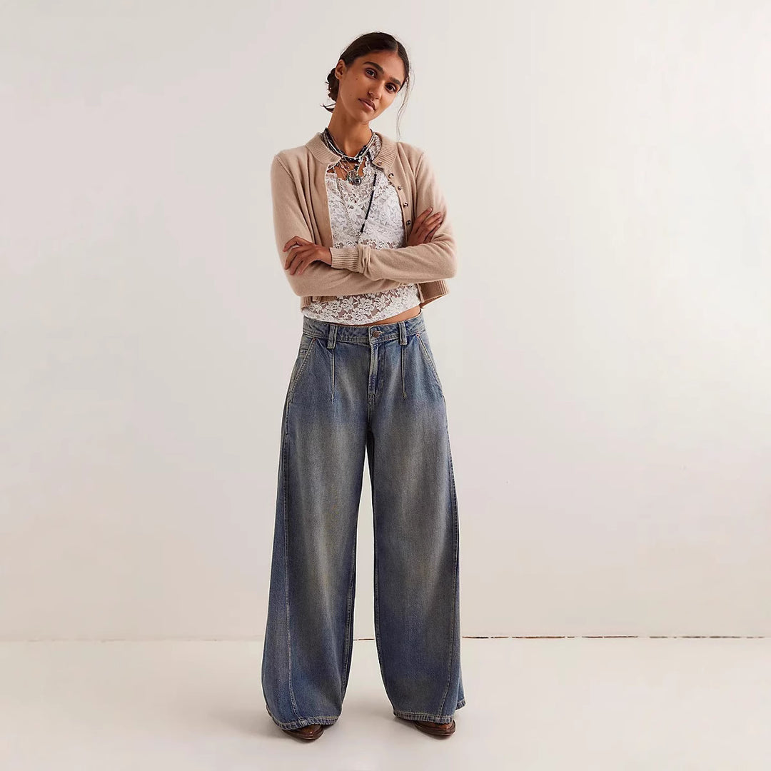 Damen nan extraweite High‑Waist Palazzo-Jeans mit hohem Bund, tiefem Schritt und verwaschener Vintage-Optik Drune