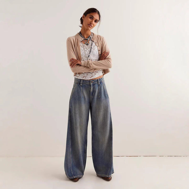 Damen nan extraweite High‑Waist Palazzo-Jeans mit hohem Bund, tiefem Schritt und verwaschener Vintage-Optik Drune