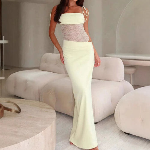 Damen nan Bandeau-Maxikleid mit transparentem Spitzenkorsett und knotbaren Spaghettiträgern Drune