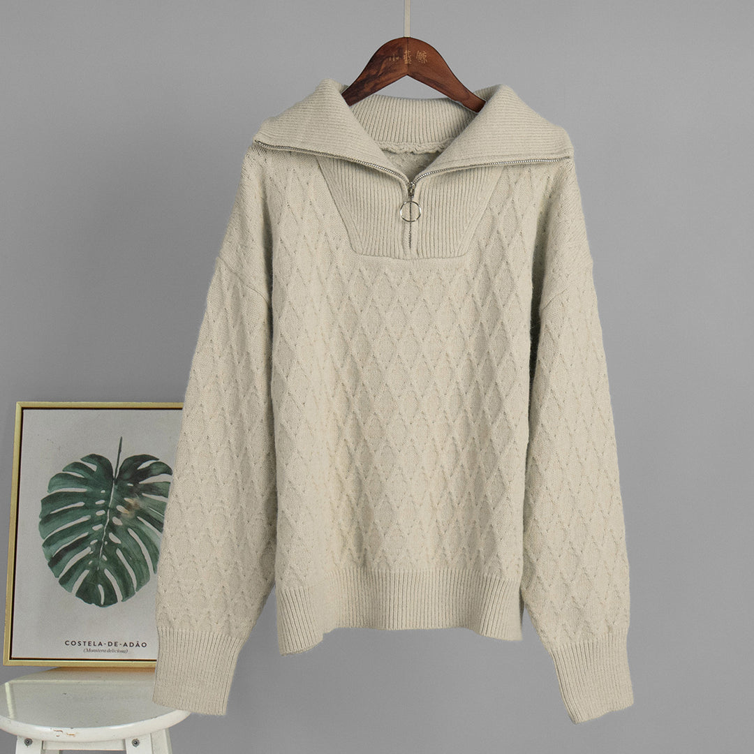 Damen Gemusterter Pullover mit hohem Kragen und Reißverschluss Drune