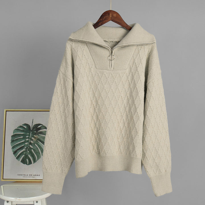 Damen Gemusterter Pullover mit hohem Kragen und Reißverschluss Drune