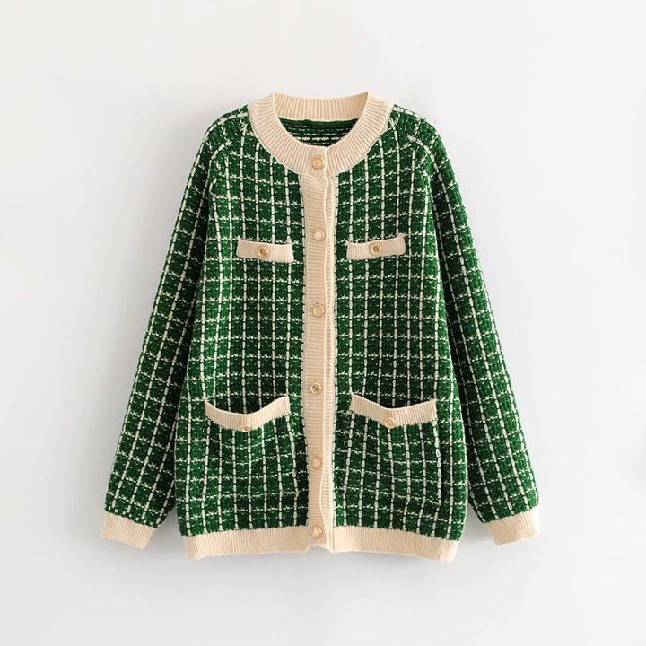 Damen Strickjacke mit Modischem Karomuster und Knopfdetails Drune