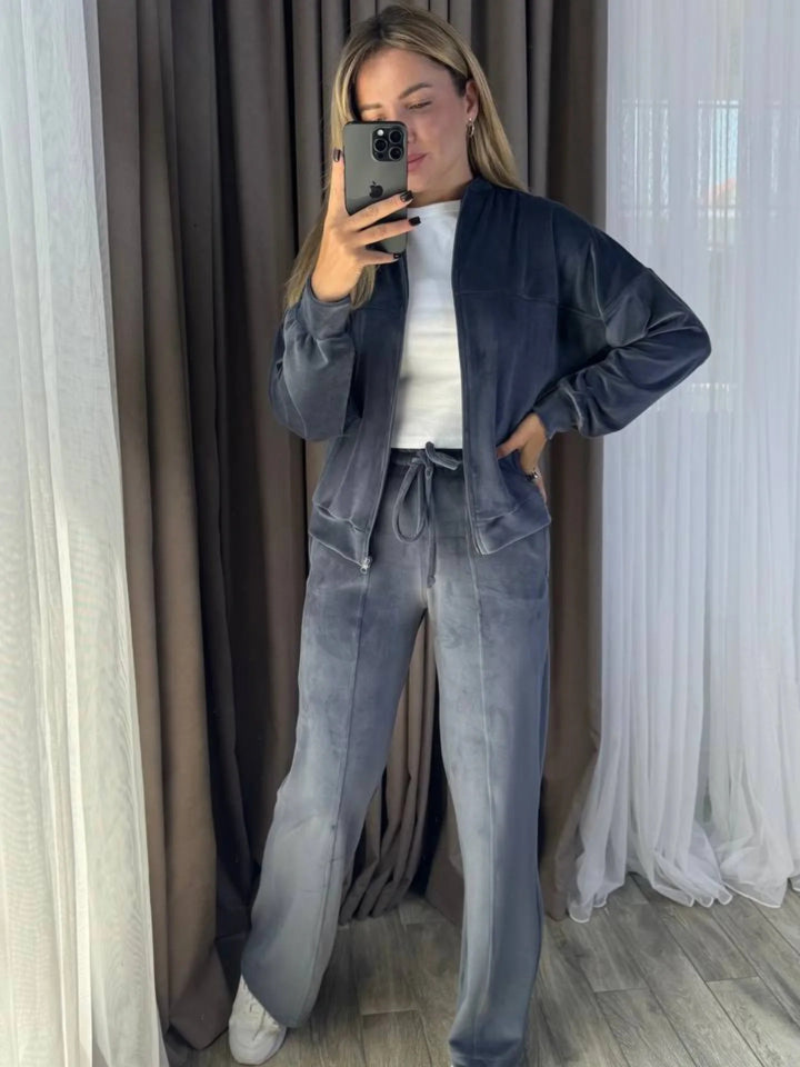 Damen Sportlicher Velours-Jogginganzug mit hohem Kragen und praktischen Taschen Drune