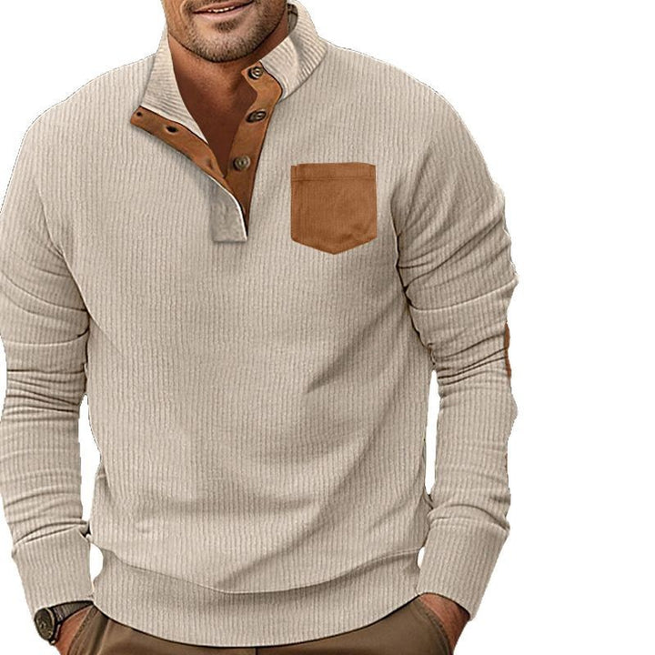 Herren nan strukturiertes Halbknopf-Troyer mit Kentkragen, Brusttasche und Lederoptik-Ellbogenpatches Drune