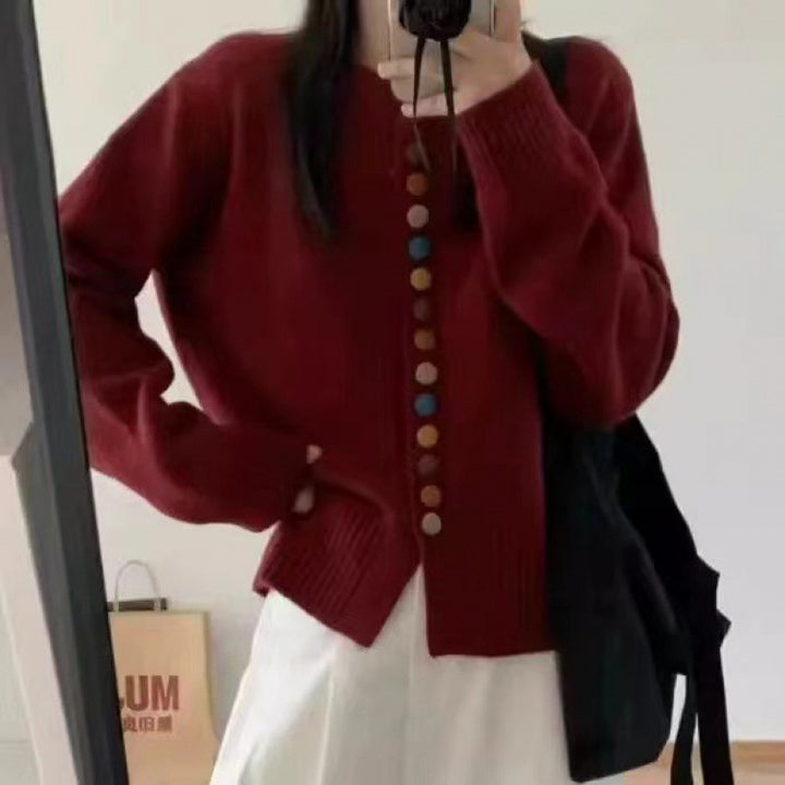 Damen Strickjacke mit bunten Knopfdetails und weich-gefilztem Material Drune