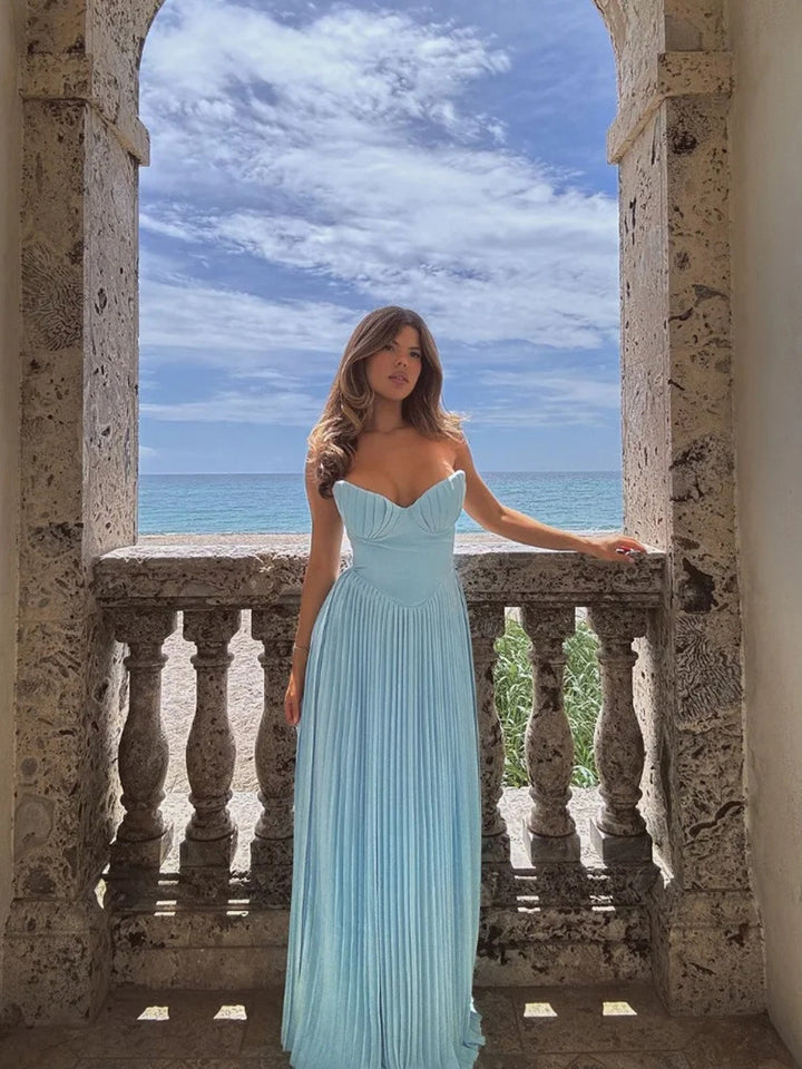 Damen Maxikleid mit elegantem Plissee und herzförmigem Oberteil Drune