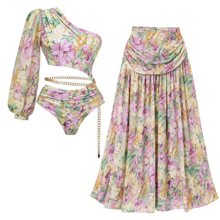 Damen Einseitiger Badeanzug mit floralen Mustern und glamouröse Kette Drune