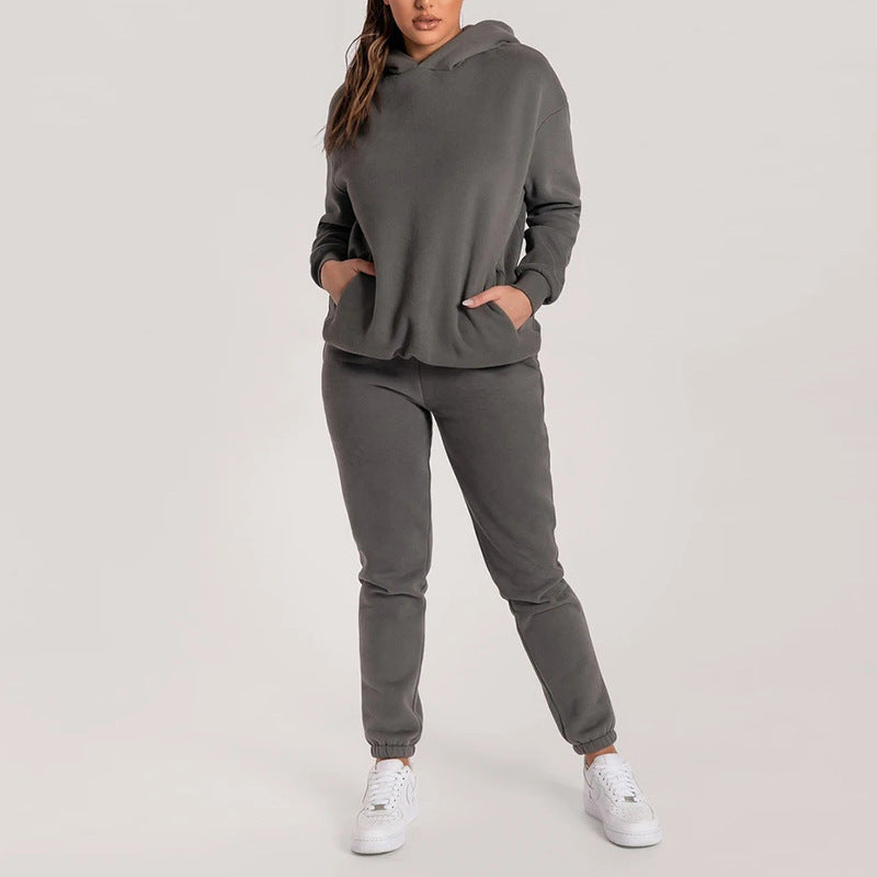 Damen Lässiger Hoodie-Trainingsanzug mit praktischen Taschen und elastischem Bund Drune