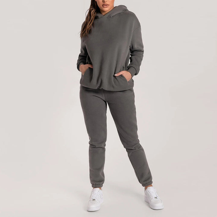 Damen Lässiger Hoodie-Trainingsanzug mit praktischen Taschen und elastischem Bund Drune