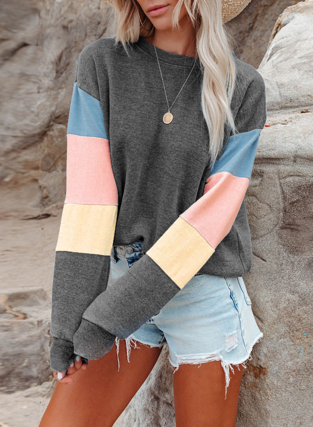 Damen Lässiger Pullover mit Farbblockdesign und hohem Kragen Drune