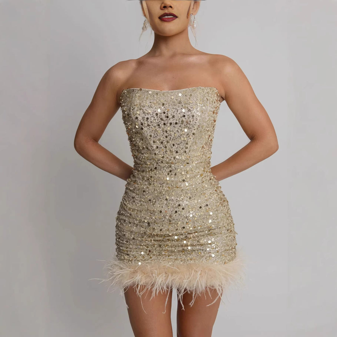 Damen Glamouröses Cocktailkleid mit Pailletten und Federkragen Drune