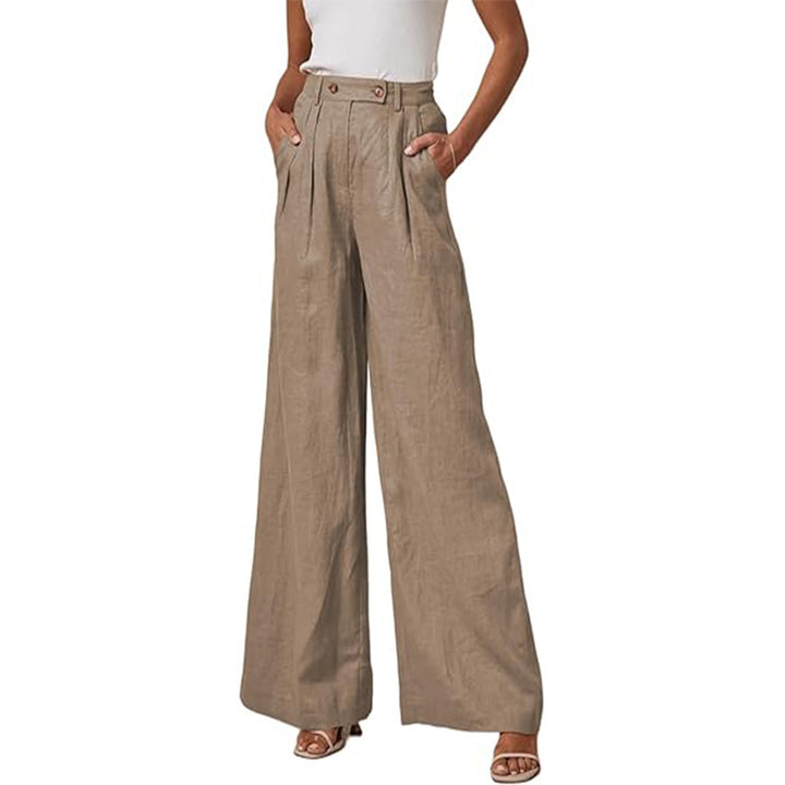 Damen elegante weite Leinenhose mit hohem Bund und Falten Drune