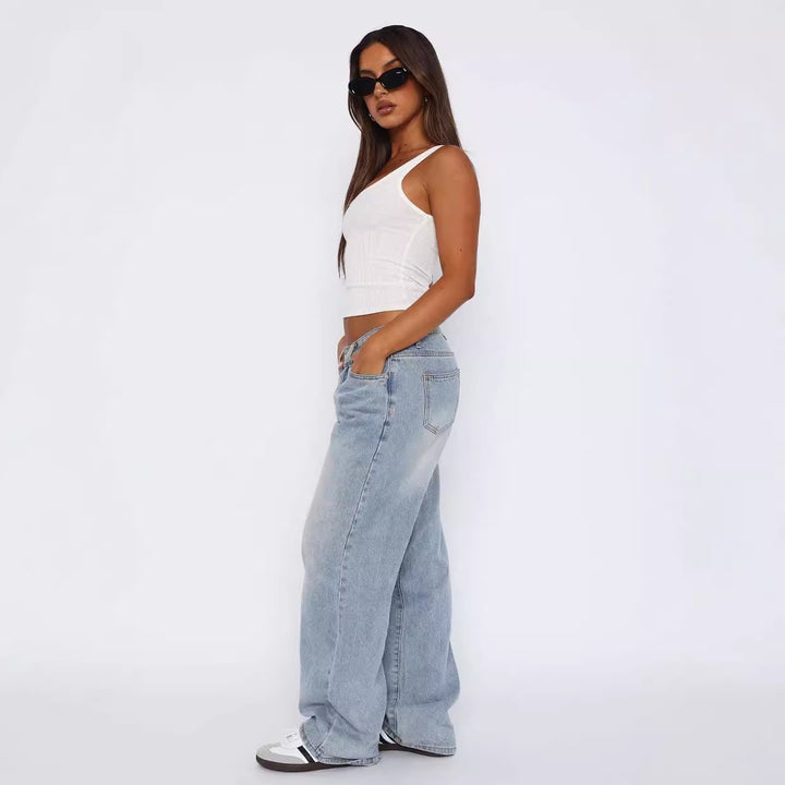 Damen lässige weite Jeans mit hohem Bund und modischem Schnitt Drune
