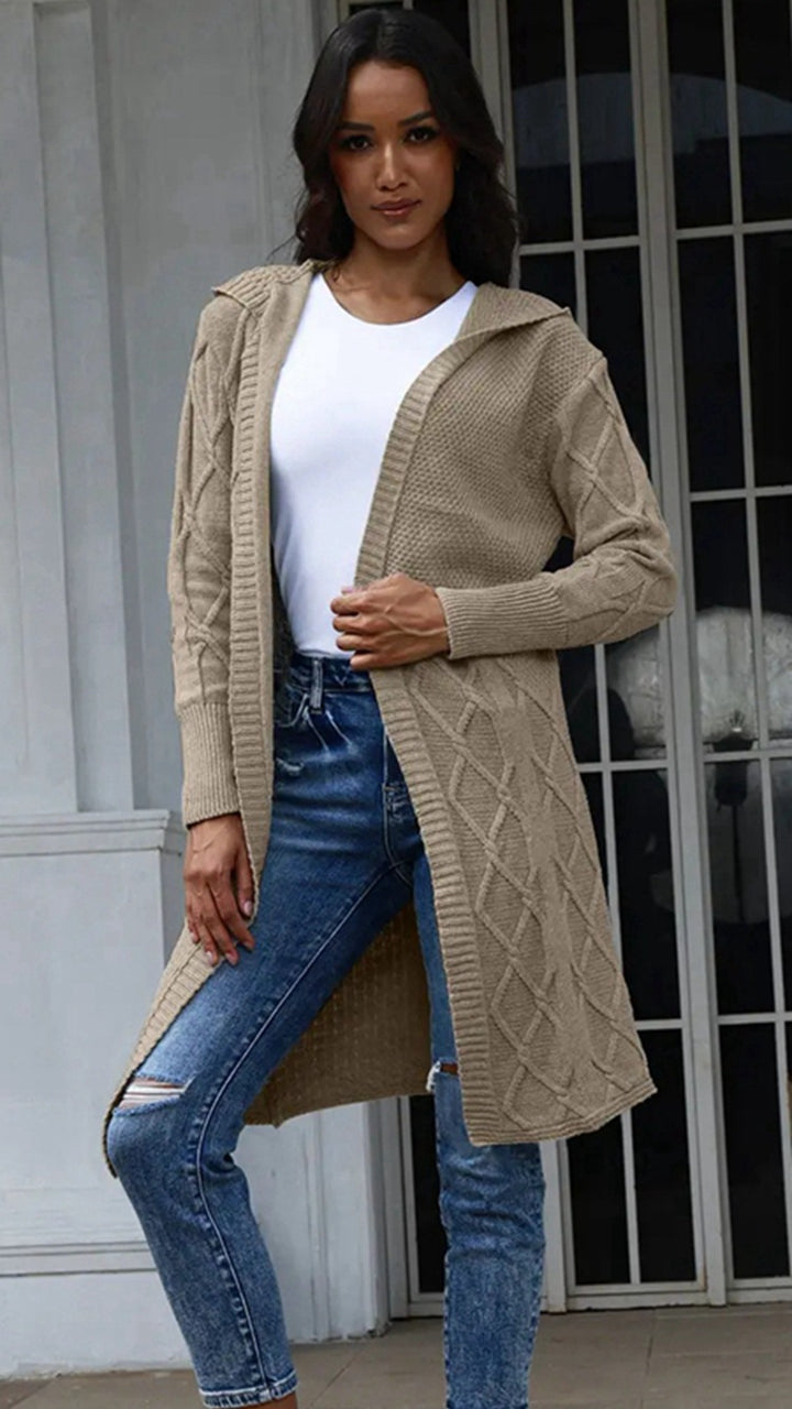 Damen Strickmantel mit Kapuze und dekorativem Zopfdesign Drune