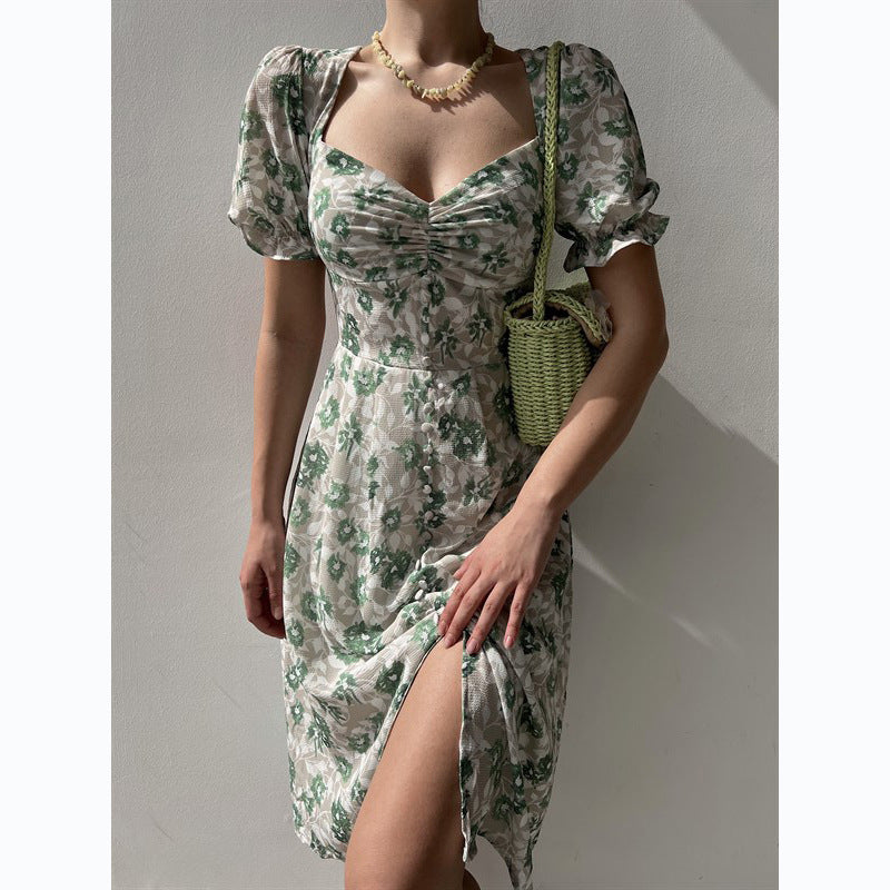 Damen Blumenkleid mit gerafften Ärmeln und seitlichem Schlitz Drune