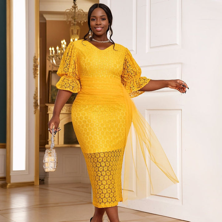 Damen elegantes Spitzenteil Kleid mit voluminösen Rüschensäumen Drune