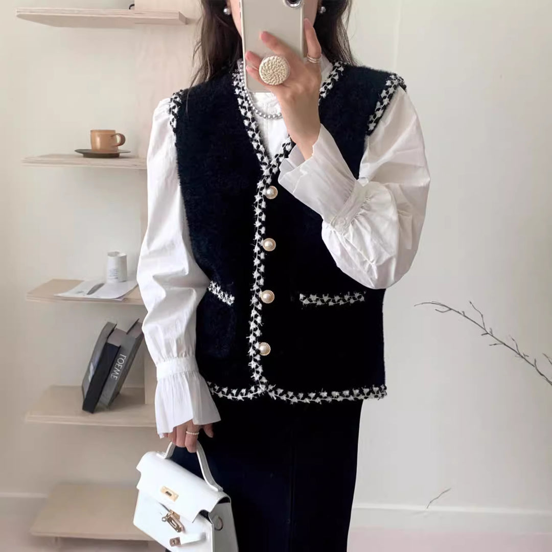 Damen Strickweste mit Perlenknöpfen und kontrastierenden Details Drune