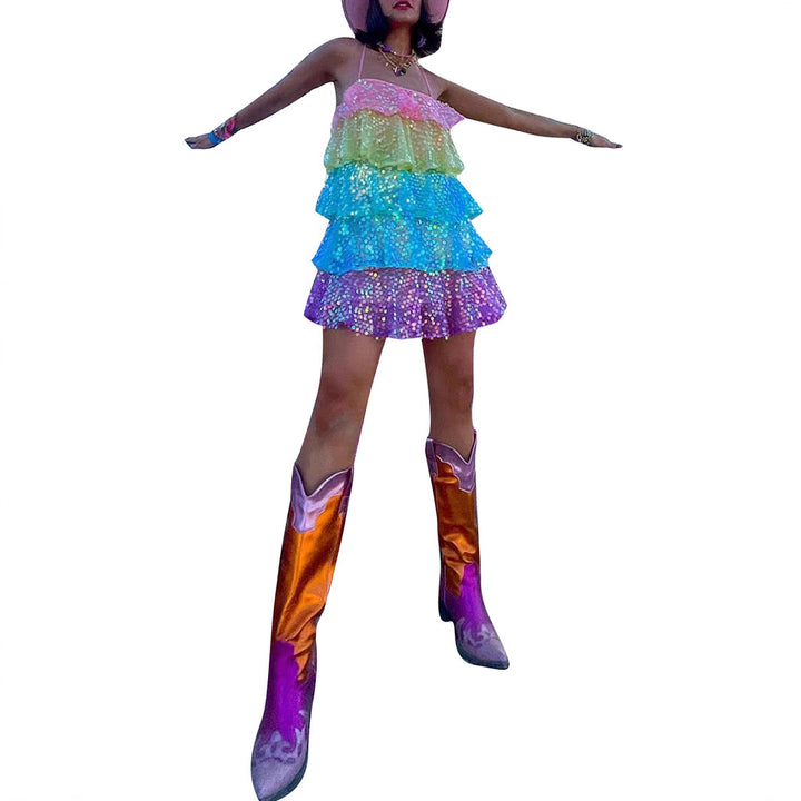 Damen luftiges Sommerkleid mit buntem Paillettenmuster Drune