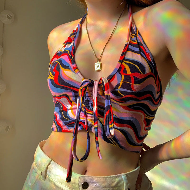 Damen Crop-Bikini-Oberteil mit Kordelzug und farbenfrohem Design Drune