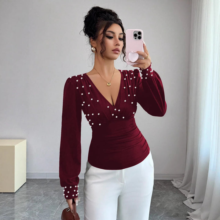 Damen elegantes Blusenshirt mit V-Ausschnitt und Verzierung Drune