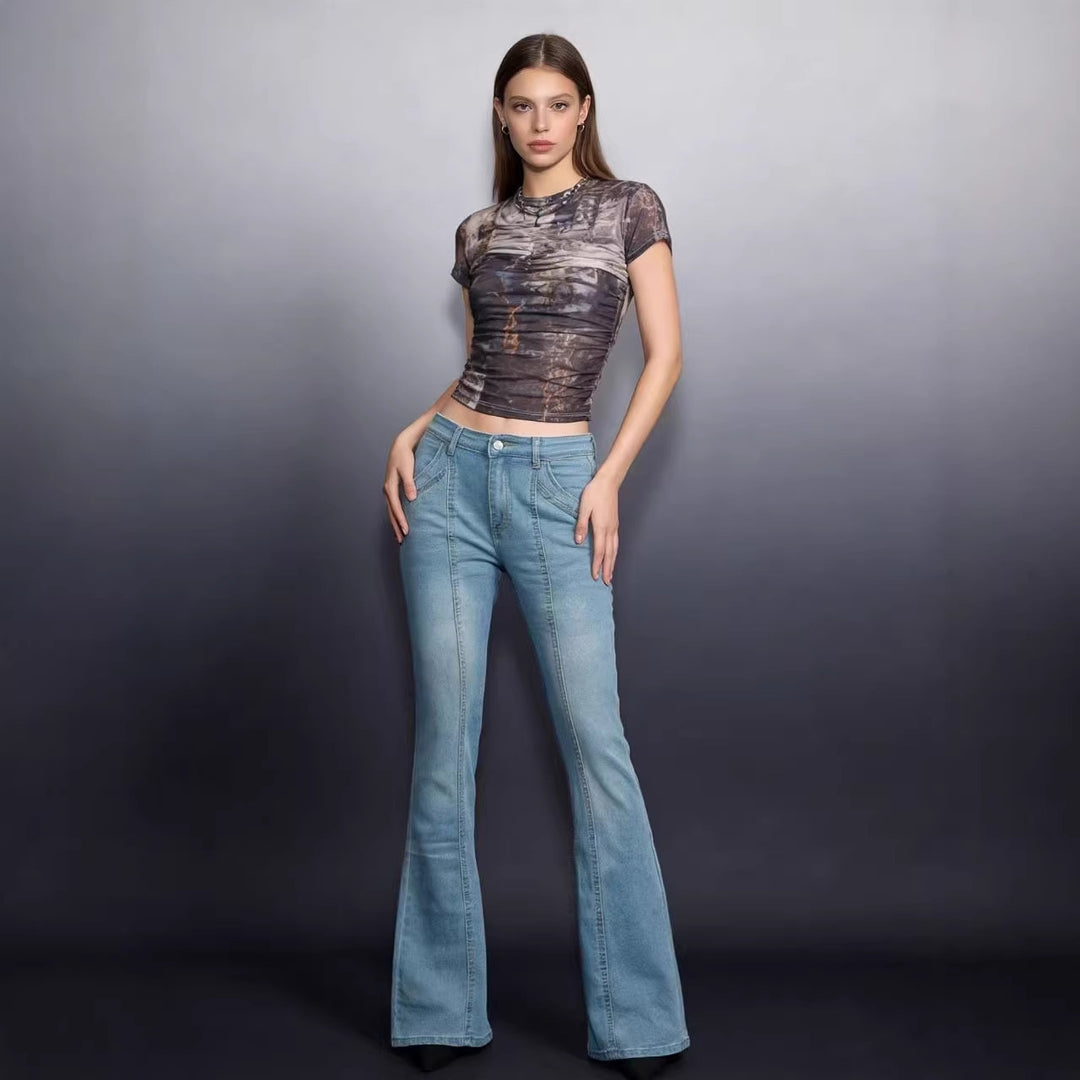 Damen nan hochgeschnittene taillierte Flared-Jeans mit mittiger Nahtführung und figurformender Hüftpartie Drune