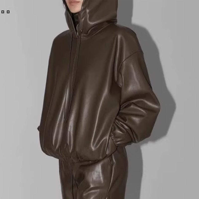 Damen lässige Kunstlederjacke mit Kapuze Drune