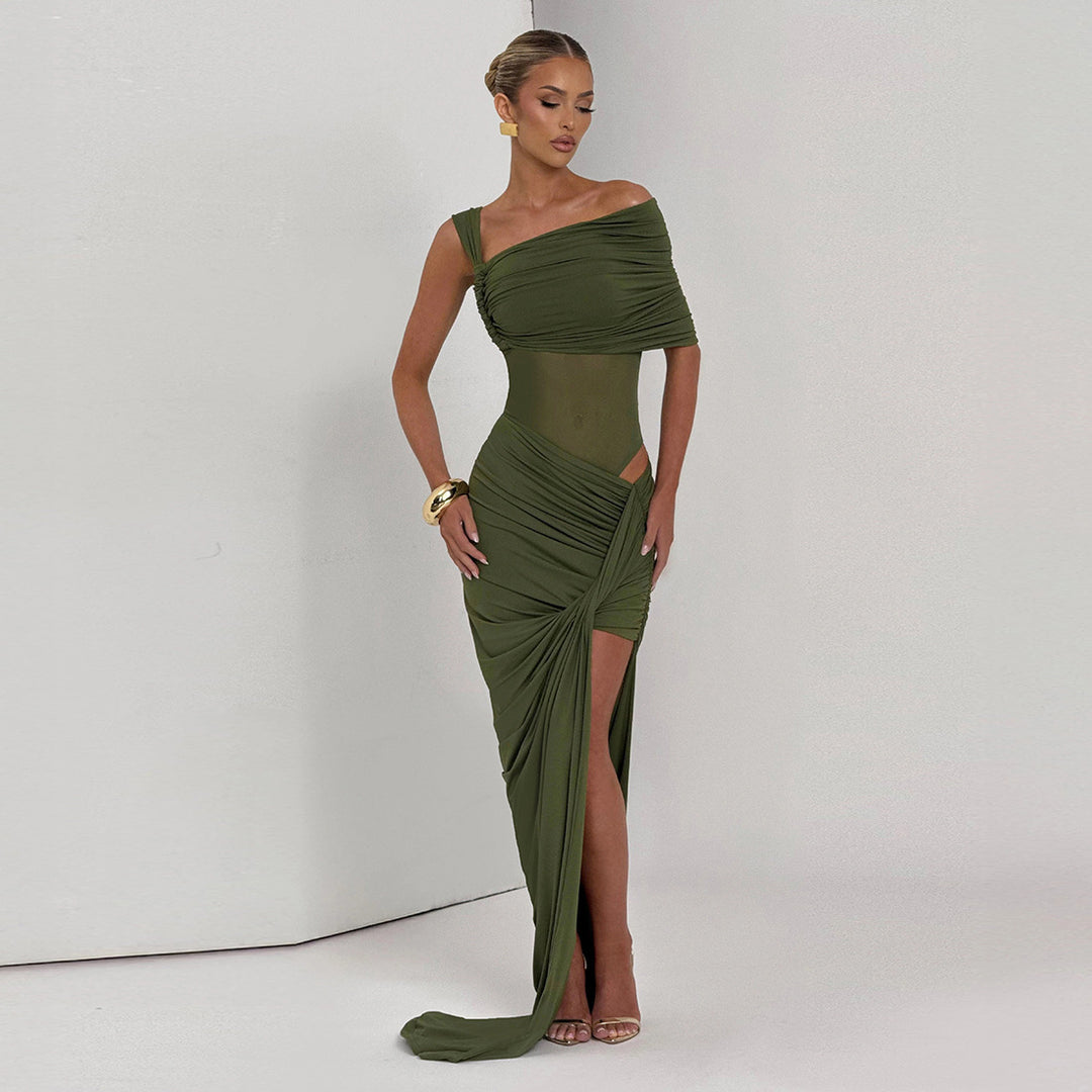 Damen Raffiniertes Maxikleid mit asymmetrischem Design und figurnaher Passform Drune