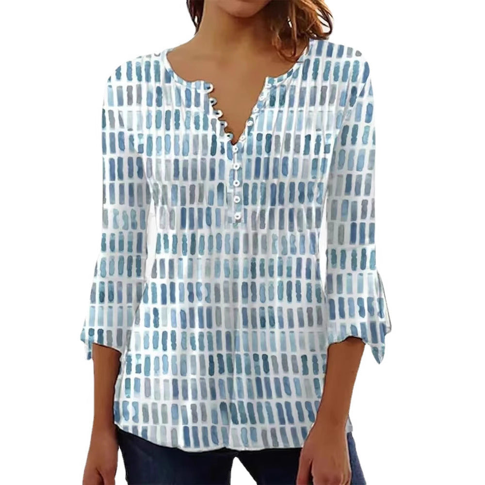 Damen Bluse im modernen Grafikdesign mit Knopfdetails Drune