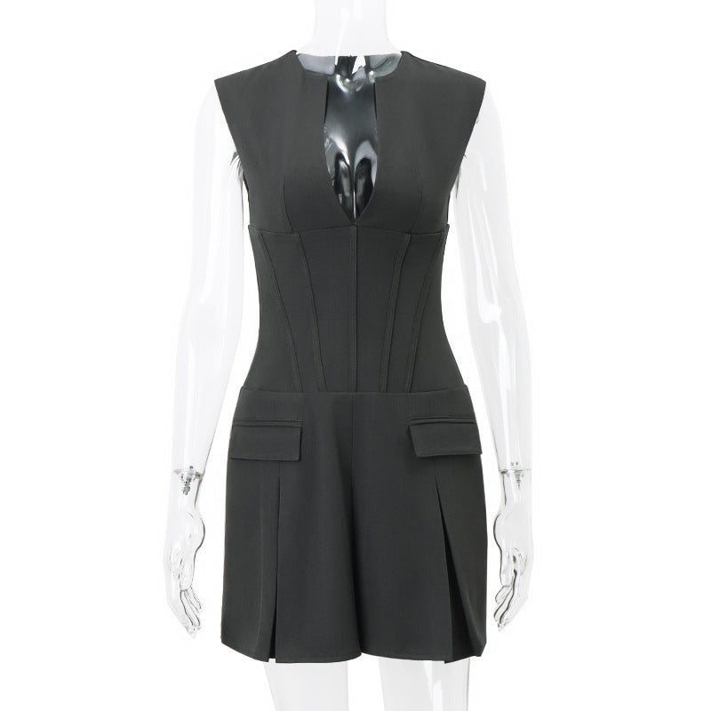 Damen Figurbetontes Minikleid mit tiefem V-Ausschnitt und schwingendem Rock Drune