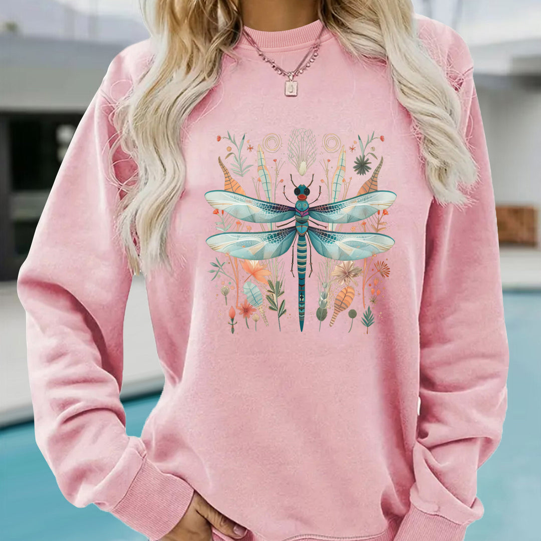 Damen Sweatshirt mit einzigartigem Libellen-Print und botanischem Design Drune
