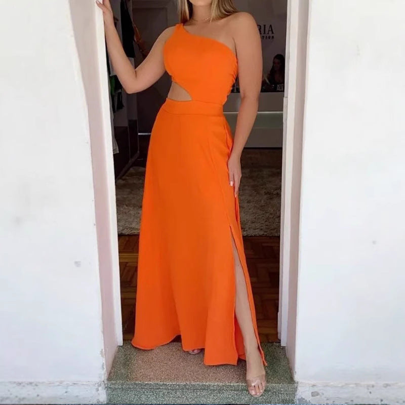 Damen Elegantes Maxikleid mit asymmetrischem Ausschnitt und Seitenschlitzen Drune