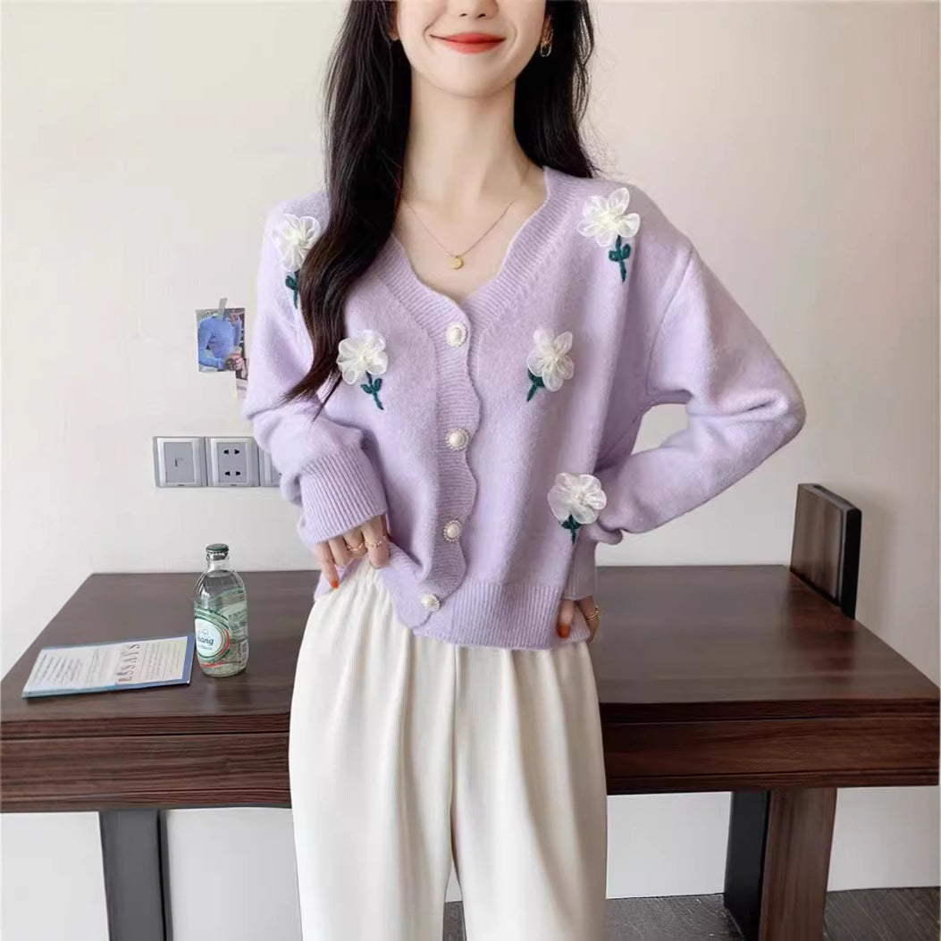 Damen Strickjacke mit floralem Design und eleganten Perlenknöpfen Drune