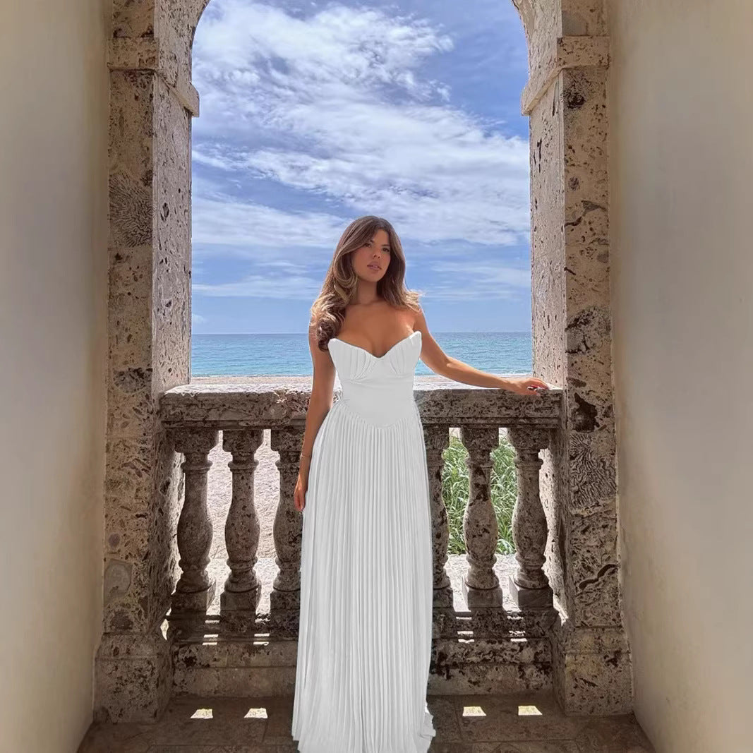 Damen Plisseekleid mit tiefem Herzausschnitt und fließendem Rock Drune