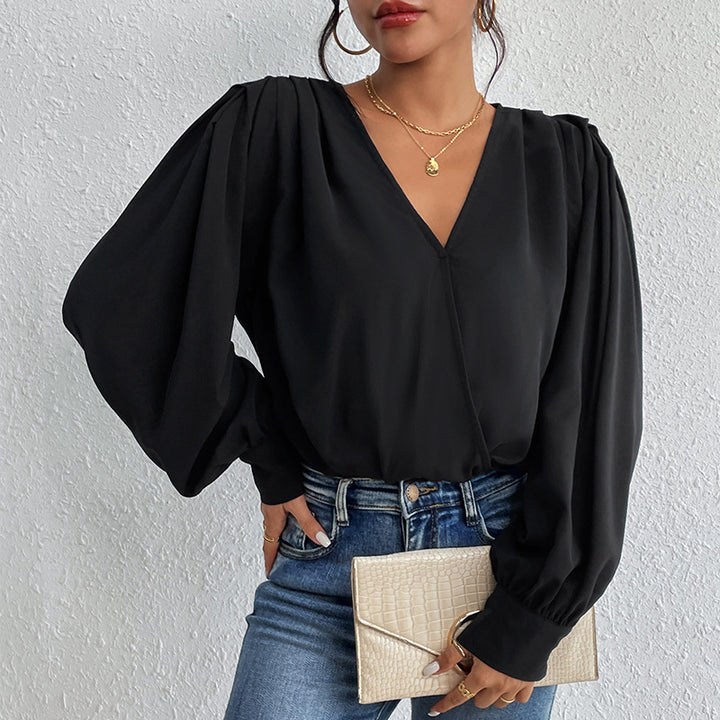 Damen elegante Bluse mit tiefem V-Ausschnitt und voluminösen Ärmeln Drune