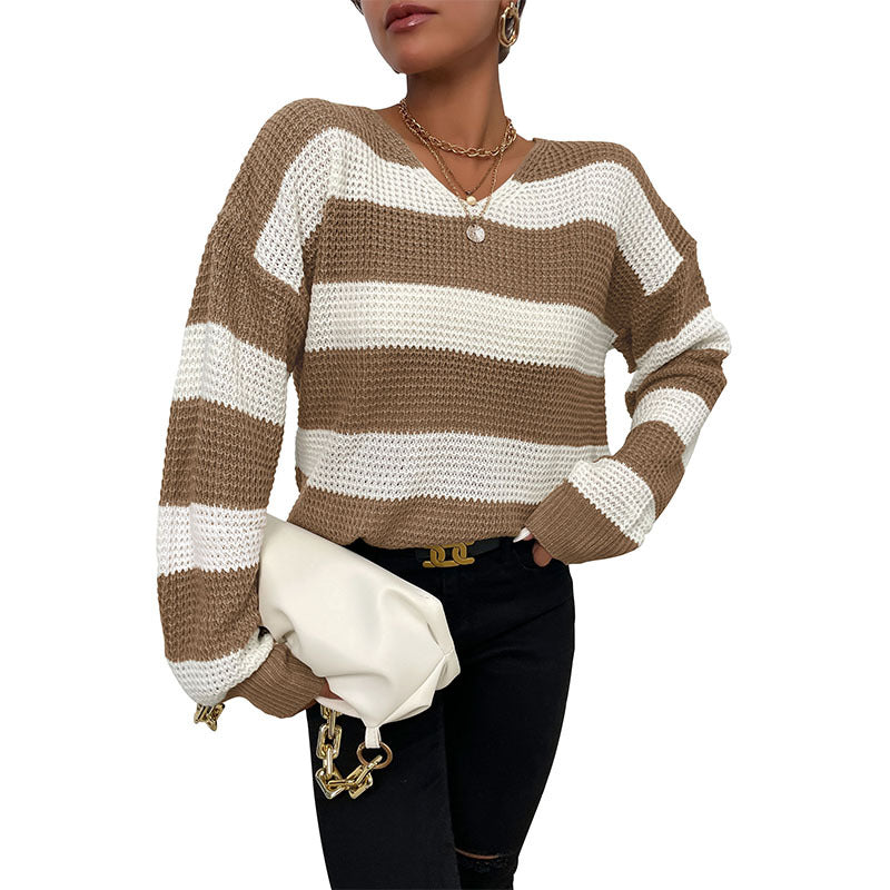 Damen lässiger Pullover mit strukturiertem Waffelmuster und V-Ausschnitt Drune