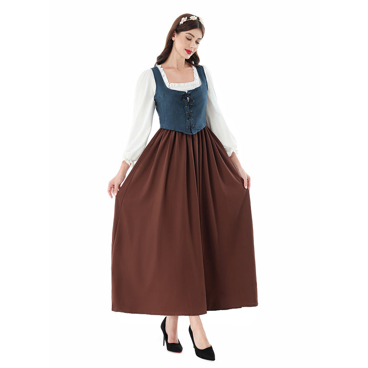 Damen nan historisches Mittelalterkleid mit geschnürter Miederweste, rüschiger Bluse und weitem Maxirock Drune