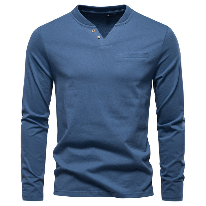 Herren nan tailliertes Langarmshirt im Henley-Stil mit kurzem V-Ausschnitt, Zierknöpfen und Brustleistentasche Drune